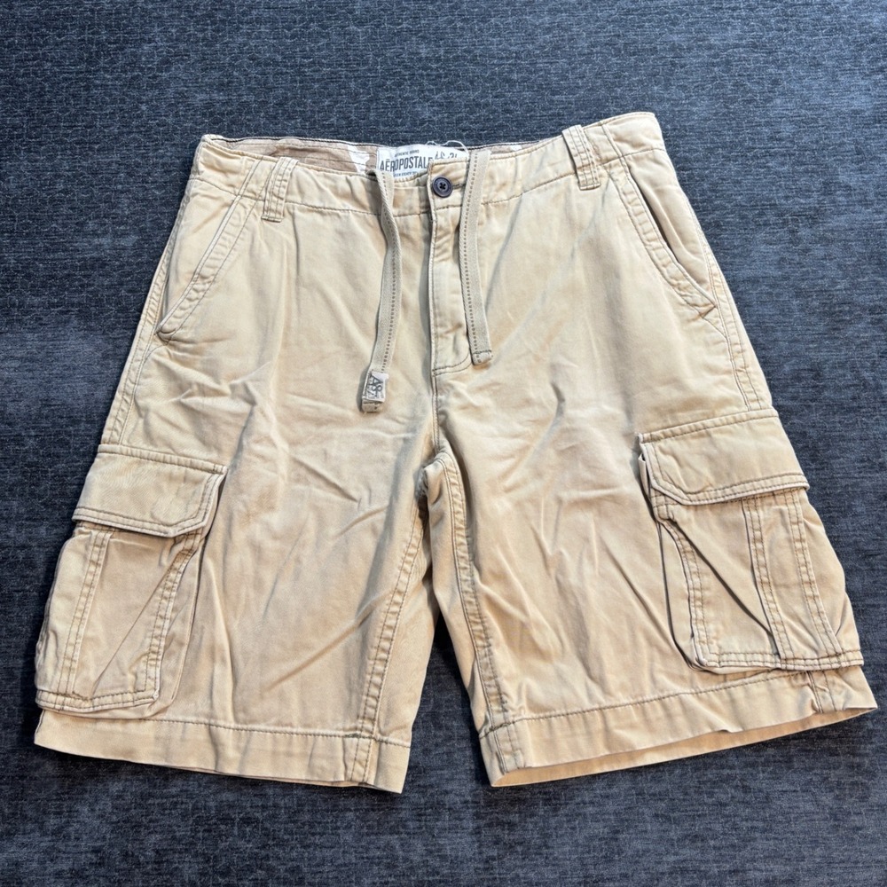 Aeropostale Mens Tan Khaki Cargo Shorts Size 36 Drawstring Utility Cotton Twill